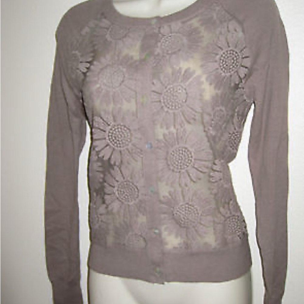 CHARLOTTE | ANTHROPOLOGY Floral Chiffon Taupe Cardigan Size L